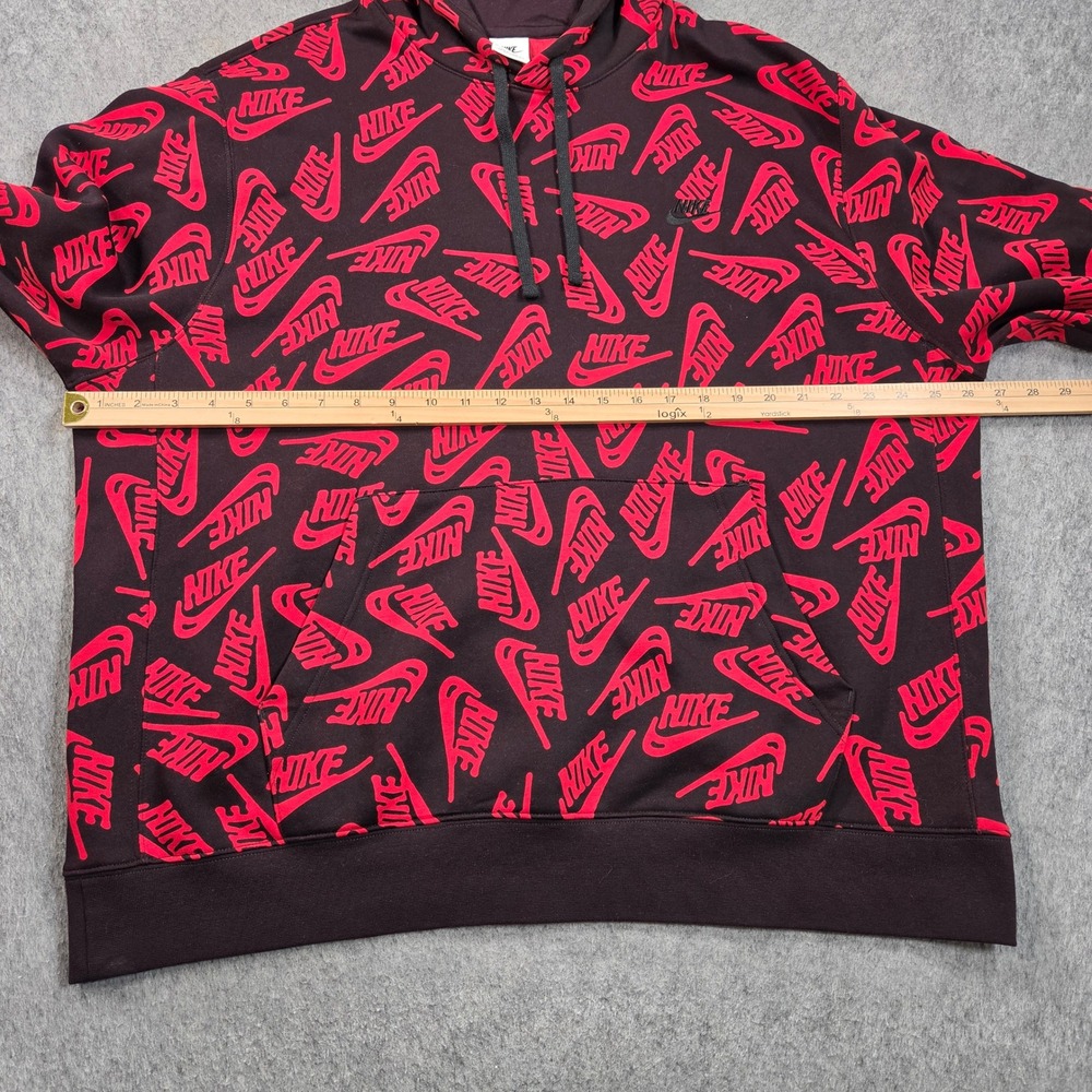 Nike Sportswear Club Hoodie Mens XL Black Red All Over Print Fleece Pullover - Picture 6 of 9